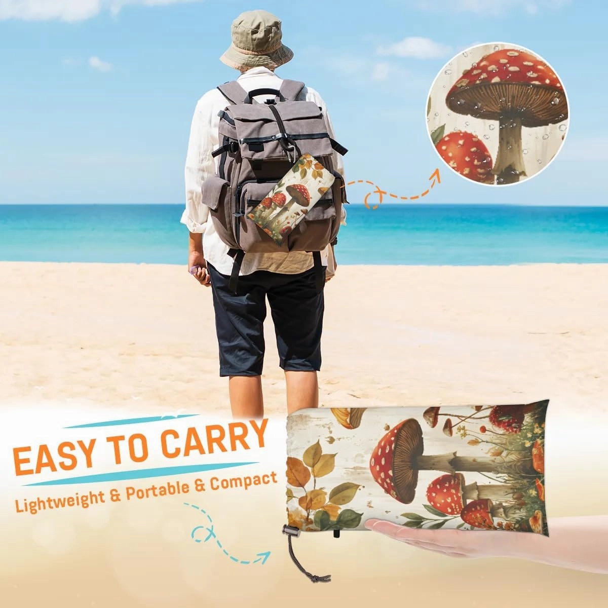 Beach Blanket, Fall Mushroom Sandproof Beach Mat, Waterproof Quick Drying Sand Free Mat with 4 x Ground Spikes for Outdoor Travel Camping Hiking, Floral Mushroom Print 68 x 59 in