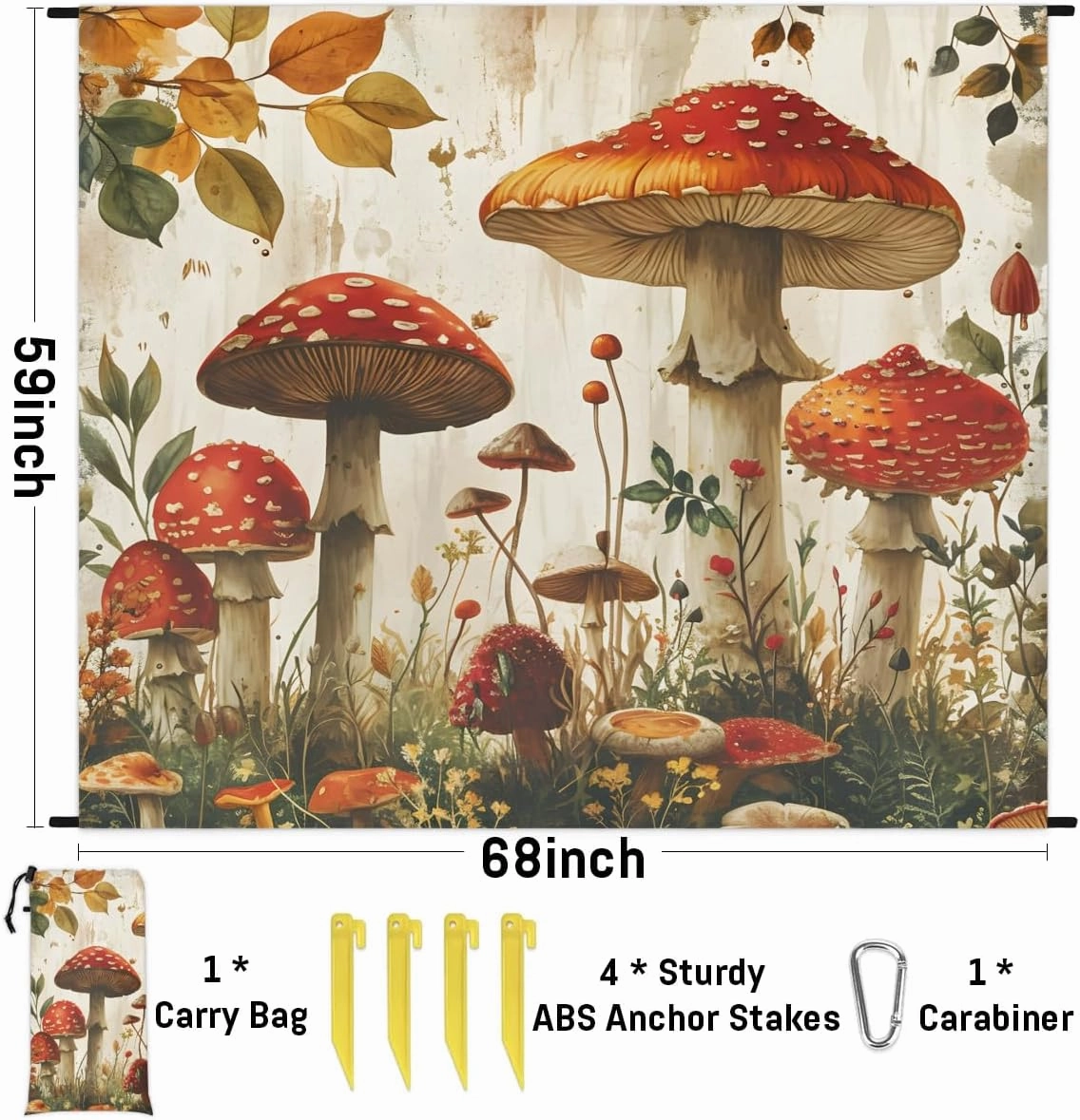 Beach Blanket, Fall Mushroom Sandproof Beach Mat, Waterproof Quick Drying Sand Free Mat with 4 x Ground Spikes for Outdoor Travel Camping Hiking, Floral Mushroom Print 68 x 59 in