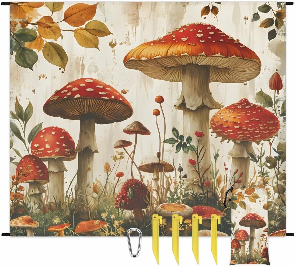 Beach Blanket, Fall Mushroom Sandproof Beach Mat, Waterproof Quick Drying Sand Free Mat with 4 x Ground Spikes for Outdoor Travel Camping Hiking, Floral Mushroom Print 68 x 59 in