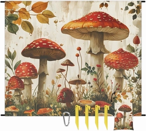 Beach Blanket, Fall Mushroom Sandproof Beach Mat, Waterproof Quick Drying Sand Free Mat with 4 x Ground Spikes for Outdoor Travel Camping Hiking, Floral Mushroom Print 68 x 59 in