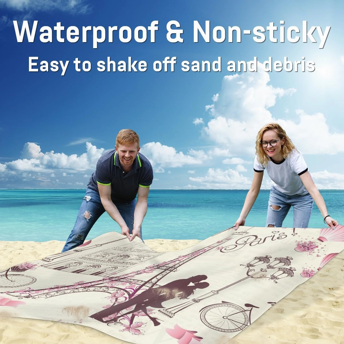 Beach Blanket, Paris Sandproof Beach Mat, Waterproof Quick Drying Sand Free Mat with 4 x Ground Spikes for Outdoor Travel Camping Hiking, France Eiffel Tower Couple 68 x 59 in