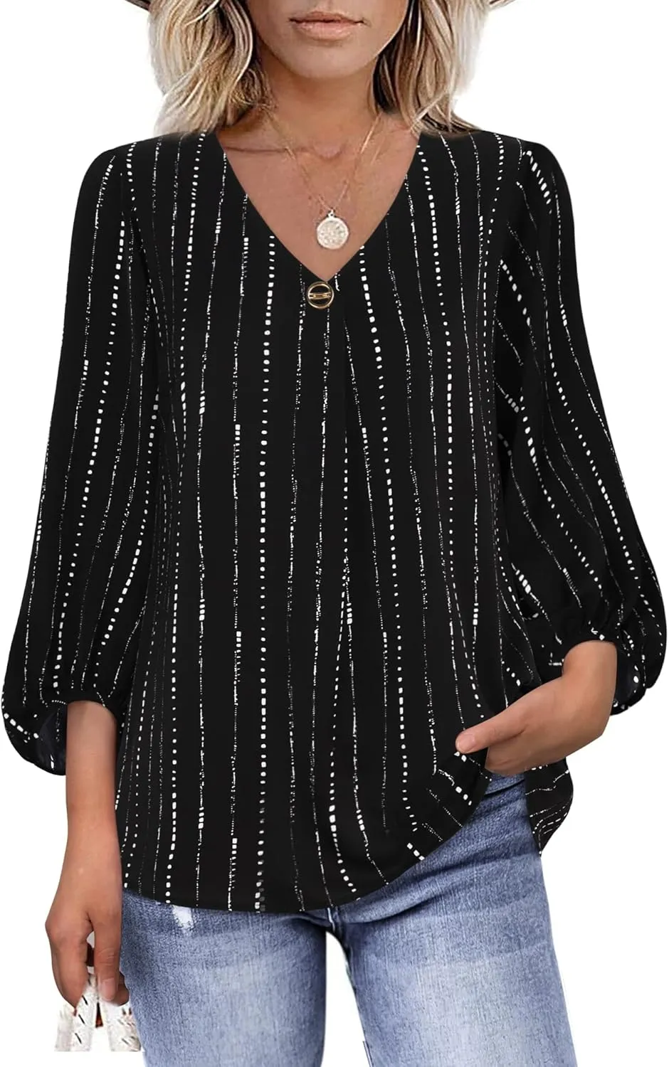 Bebonnie Womens Lantern 3/4 Sleeve Causal Loose V Neck Chiffon Blouses Tops