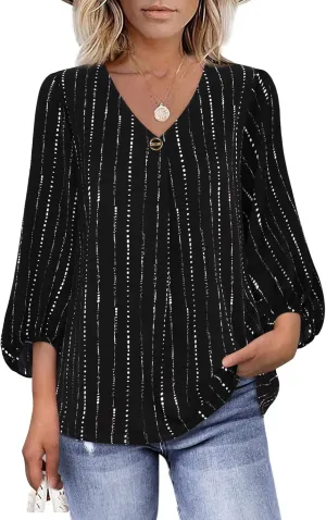 Bebonnie Womens Lantern 3/4 Sleeve Causal Loose V Neck Chiffon Blouses Tops