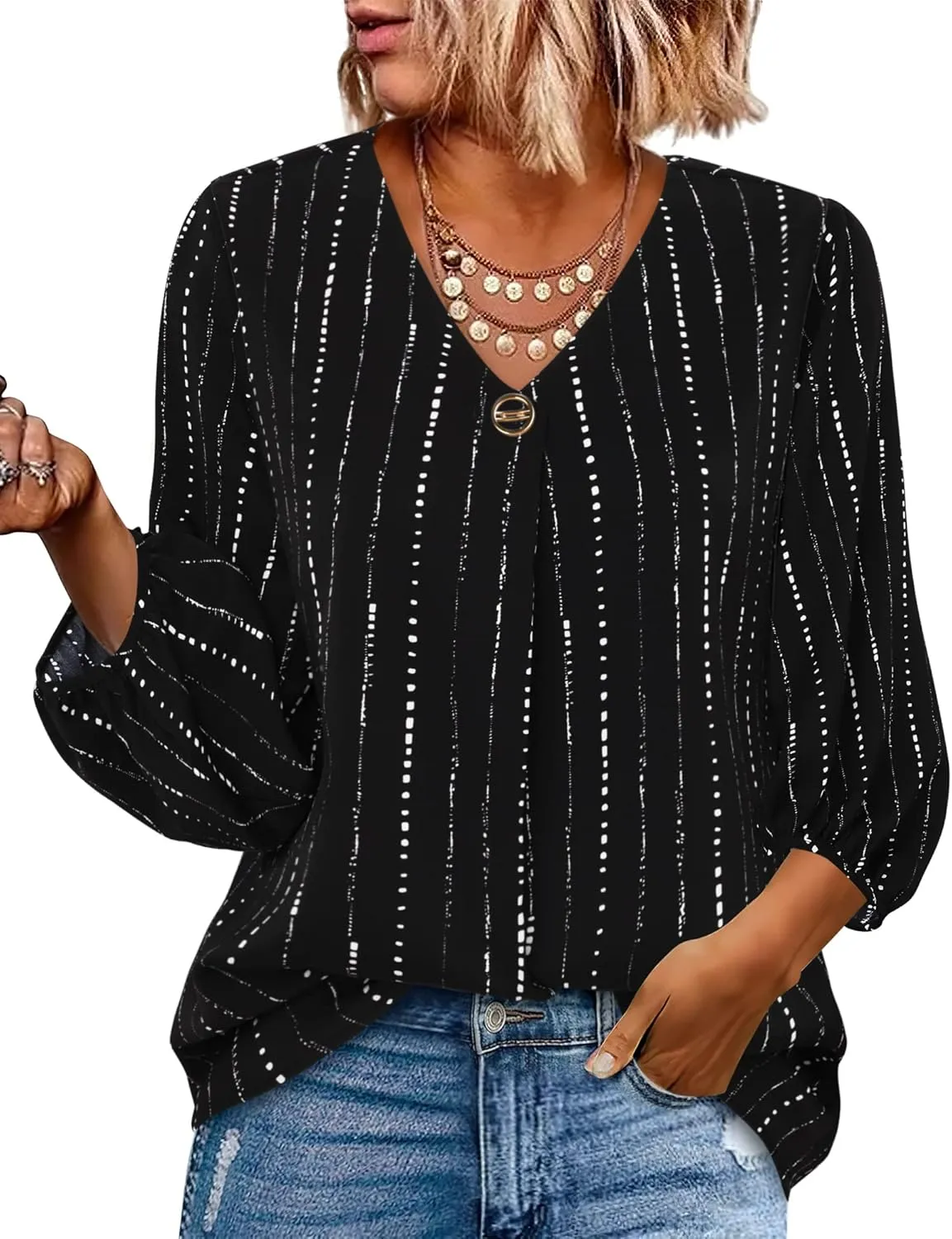 Bebonnie Womens Lantern 3/4 Sleeve Causal Loose V Neck Chiffon Blouses Tops
