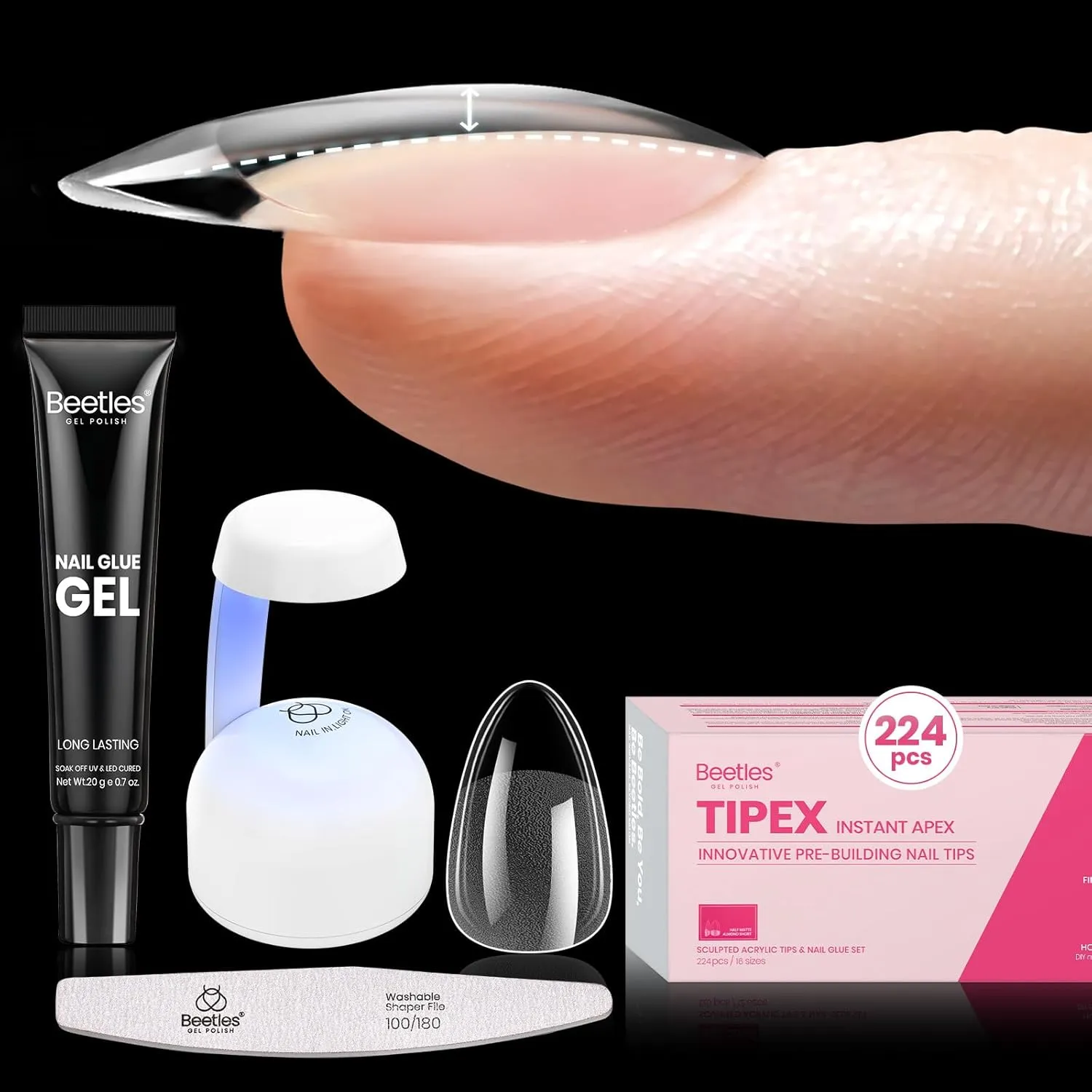Beetles Tipex Instant Apex Nail Tips Kit, Almond Short 224Pcs 16 Sizes Pre-Building & Pre-Etched Thicker Acrylic Nails False Nail Extension with Tipex Nail Glue Mini Nail Lamp for Flat Nails