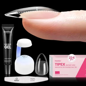 Beetles Tipex Instant Apex Nail Tips Kit, Almond Short 224Pcs 16 Sizes Pre-Building & Pre-Etched Thicker Acrylic Nails False Nail Extension with Tipex Nail Glue Mini Nail Lamp for Flat Nails