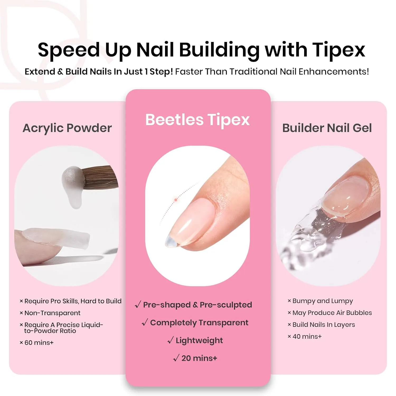 Beetles Tipex Instant Apex Nail Tips Kit, Almond Short 224Pcs 16 Sizes Pre-Building & Pre-Etched Thicker Acrylic Nails False Nail Extension with Tipex Nail Glue Mini Nail Lamp for Flat Nails