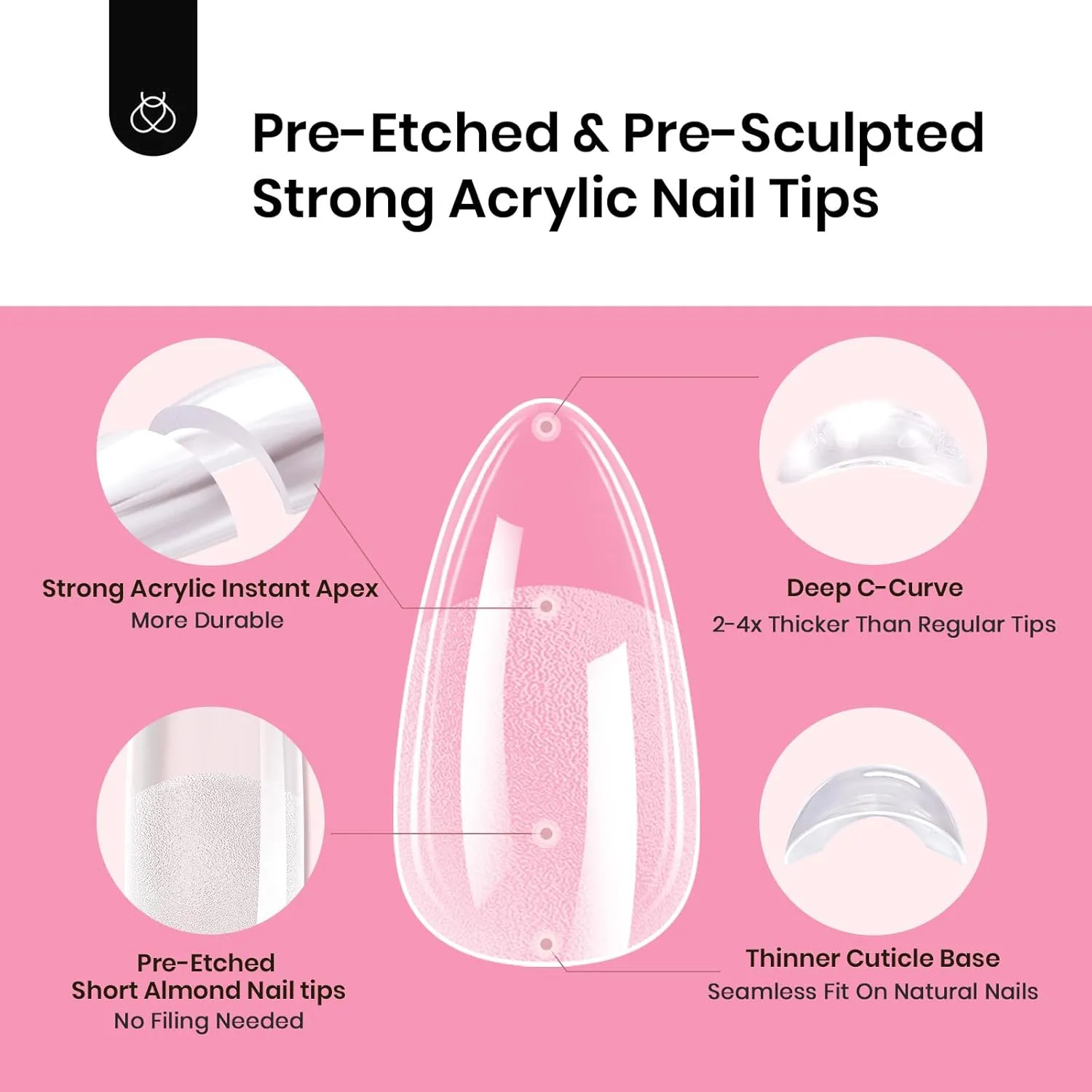 Beetles Tipex Instant Apex Nail Tips Kit, Almond Short 224Pcs 16 Sizes Pre-Building & Pre-Etched Thicker Acrylic Nails False Nail Extension with Tipex Nail Glue Mini Nail Lamp for Flat Nails
