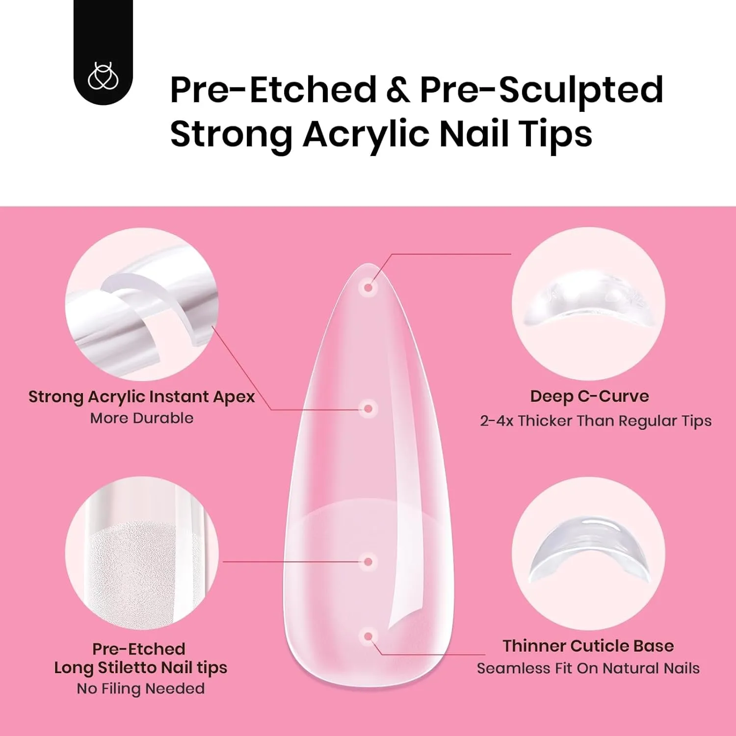 Beetles Tipex Instant Apex Nail Tips Kit, Long Stiletto 224Pcs 16 Sizes Pre-Building & Pre-Etched Thicker Acrylic Nails False Nail Extension with Tipex Nail Glue Mini Nail Lamp for Flat Nails