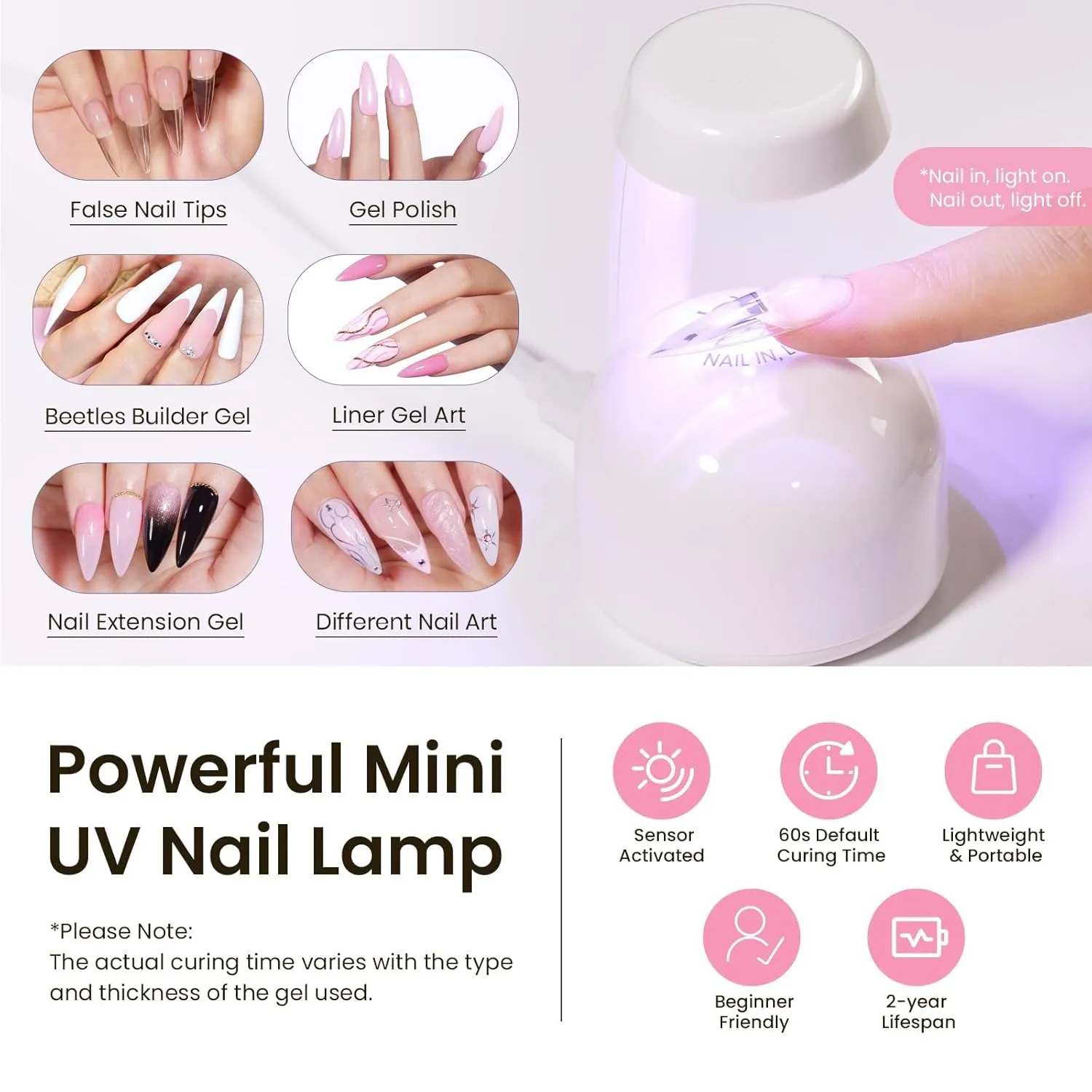 Beetles Tipex Instant Apex Nail Tips Kit, Long Stiletto 224Pcs 16 Sizes Pre-Building & Pre-Etched Thicker Acrylic Nails False Nail Extension with Tipex Nail Glue Mini Nail Lamp for Flat Nails
