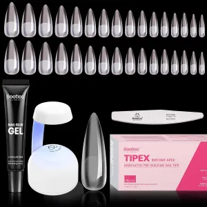 Beetles Tipex Instant Apex Nail Tips Kit, Long Stiletto 224Pcs 16 Sizes Pre-Building & Pre-Etched Thicker Acrylic Nails False Nail Extension with Tipex Nail Glue Mini Nail Lamp for Flat Nails