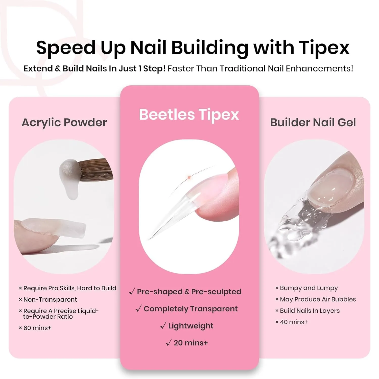 Beetles Tipex Instant Apex Nail Tips Kit, Long Stiletto 224Pcs 16 Sizes Pre-Building & Pre-Etched Thicker Acrylic Nails False Nail Extension with Tipex Nail Glue Mini Nail Lamp for Flat Nails