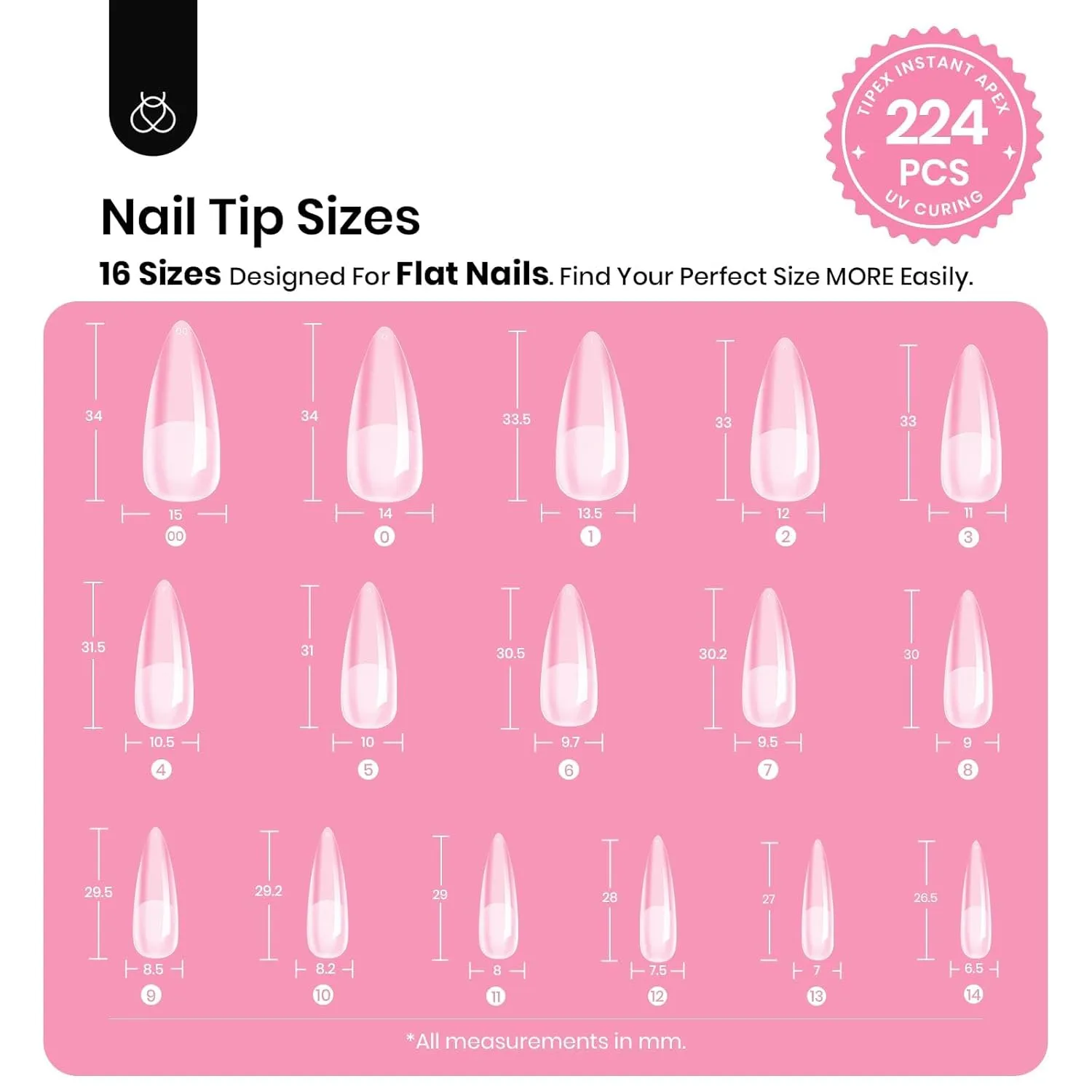 Beetles Tipex Instant Apex Nail Tips Kit, Long Stiletto 224Pcs 16 Sizes Pre-Building & Pre-Etched Thicker Acrylic Nails False Nail Extension with Tipex Nail Glue Mini Nail Lamp for Flat Nails
