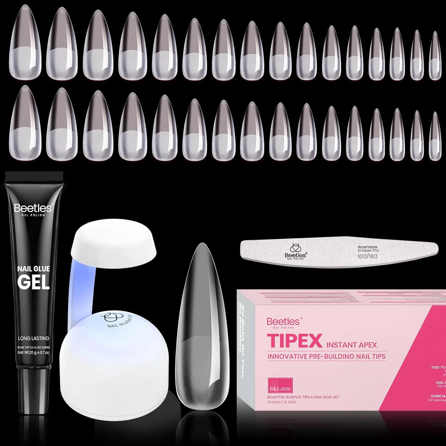 Beetles Tipex Instant Apex Nail Tips Kit, Long Stiletto 224Pcs 16 Sizes Pre-Building & Pre-Etched Thicker Acrylic Nails False Nail Extension with Tipex Nail Glue Mini Nail Lamp for Flat Nails