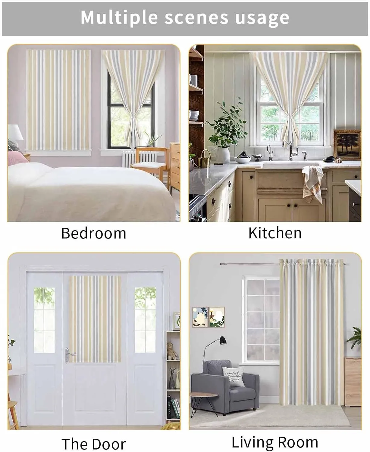 Beige Grey Stripe Self Adhesive Blackout Curtains with Tiebacks,Portable Rod Pocket Living Room Darkening Curtains for Kitchen,Farmhouse Minimalist Striped Thermal Insulated Windows Cover,59Wx84H