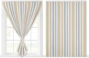 Beige Grey Stripe Self Adhesive Blackout Curtains with Tiebacks,Portable Rod Pocket Living Room Darkening Curtains for Kitchen,Farmhouse Minimalist Striped Thermal Insulated Windows Cover,59Wx84H