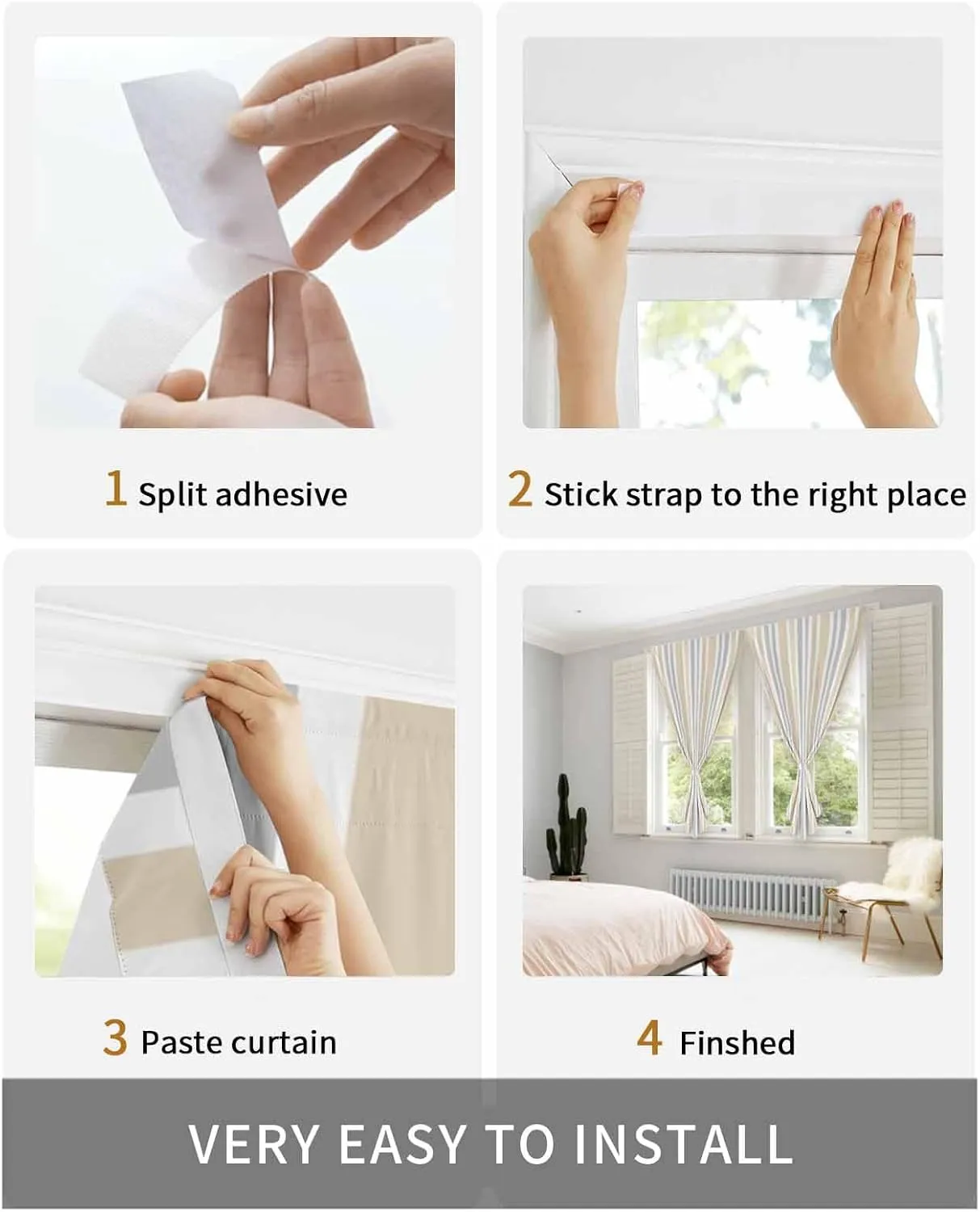 Beige Grey Stripe Self Adhesive Blackout Curtains with Tiebacks,Portable Rod Pocket Living Room Darkening Curtains for Kitchen,Farmhouse Minimalist Striped Thermal Insulated Windows Cover,59Wx84H
