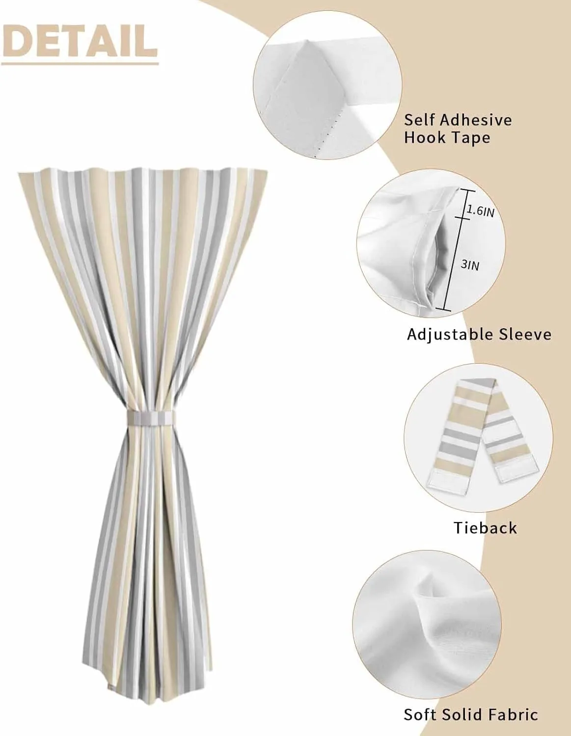 Beige Grey Stripe Self Adhesive Blackout Curtains with Tiebacks,Portable Rod Pocket Living Room Darkening Curtains for Kitchen,Farmhouse Minimalist Striped Thermal Insulated Windows Cover,59Wx84H