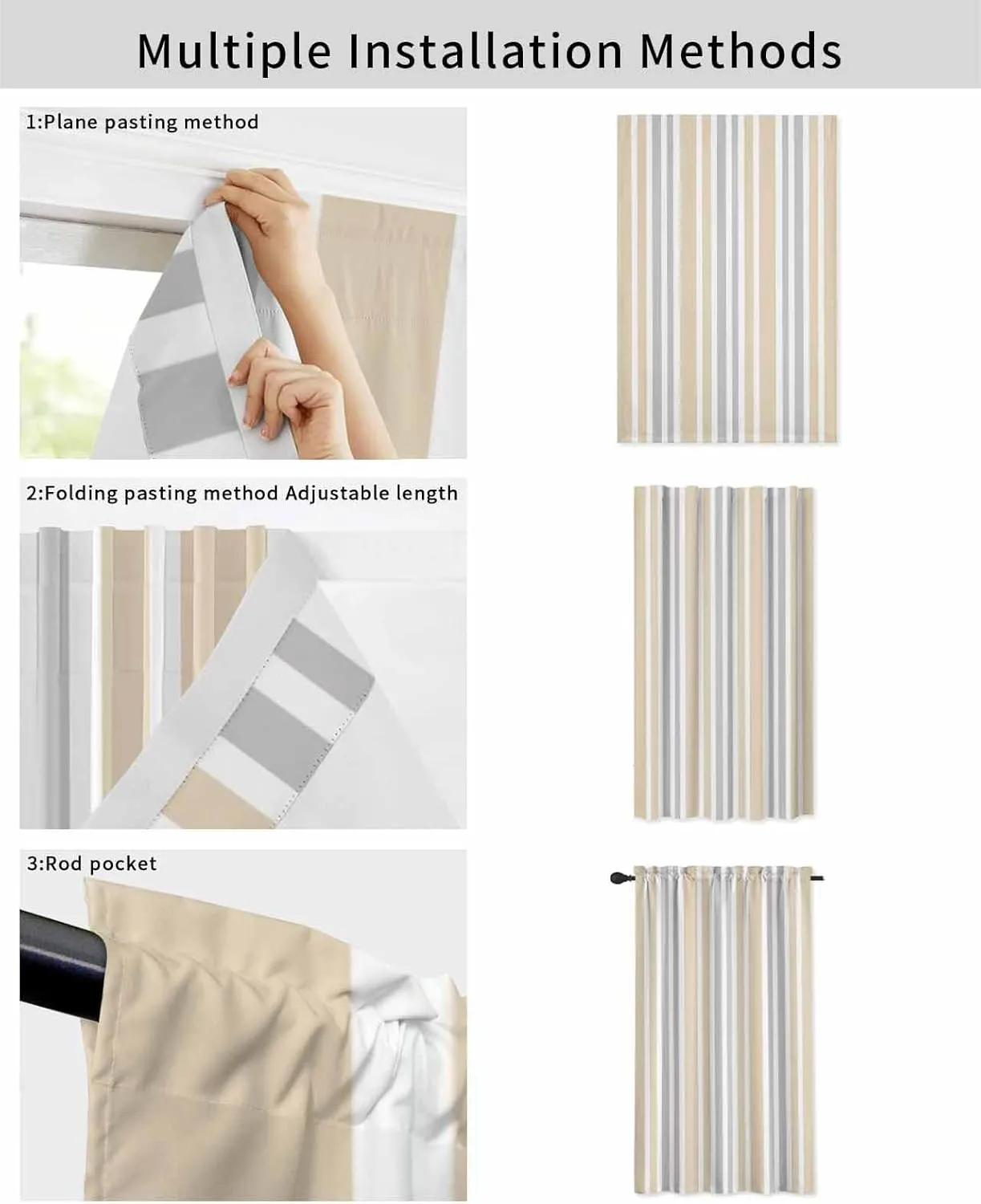 Beige Grey Stripe Self Adhesive Blackout Curtains with Tiebacks,Portable Rod Pocket Living Room Darkening Curtains for Kitchen,Farmhouse Minimalist Striped Thermal Insulated Windows Cover,59Wx84H