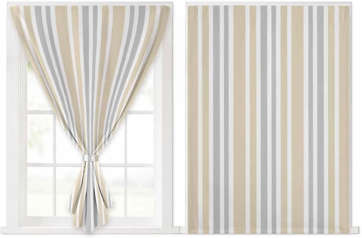 Beige Grey Stripe Self Adhesive Blackout Curtains with Tiebacks,Portable Rod Pocket Living Room Darkening Curtains for Kitchen,Farmhouse Minimalist Striped Thermal Insulated Windows Cover,59Wx84H
