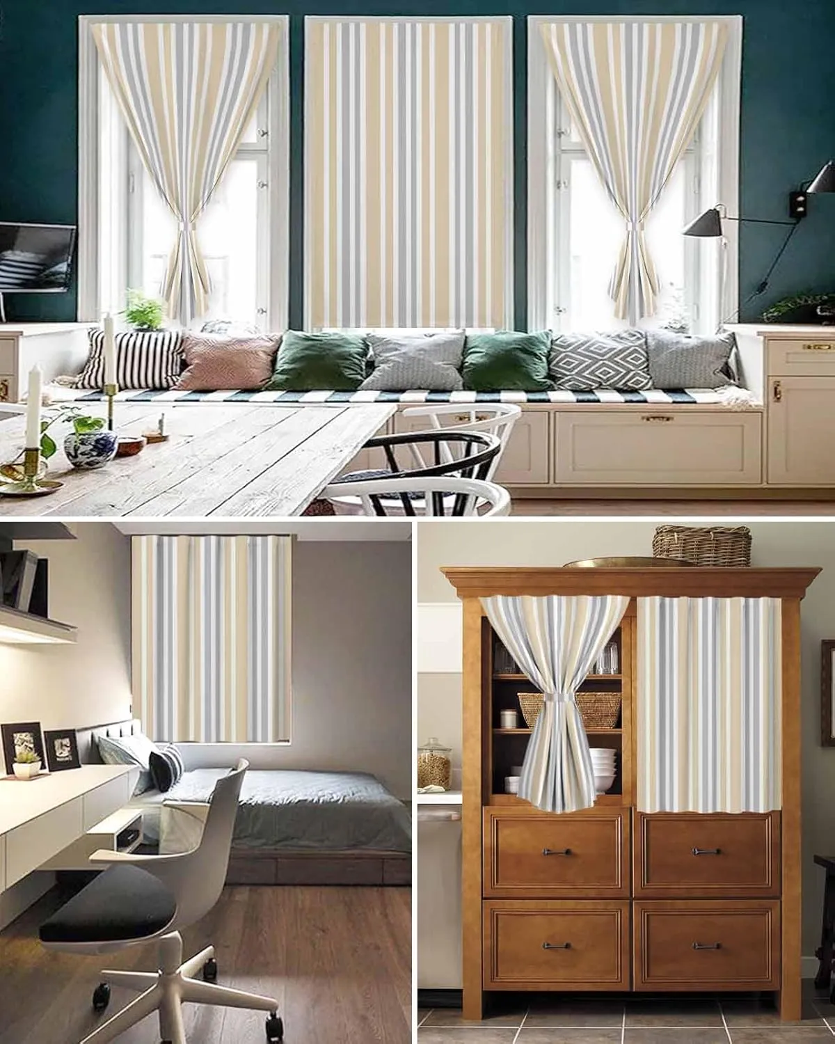 Beige Grey Stripe Self Adhesive Blackout Curtains with Tiebacks,Portable Rod Pocket Living Room Darkening Curtains for Kitchen,Farmhouse Minimalist Striped Thermal Insulated Windows Cover,59Wx84H