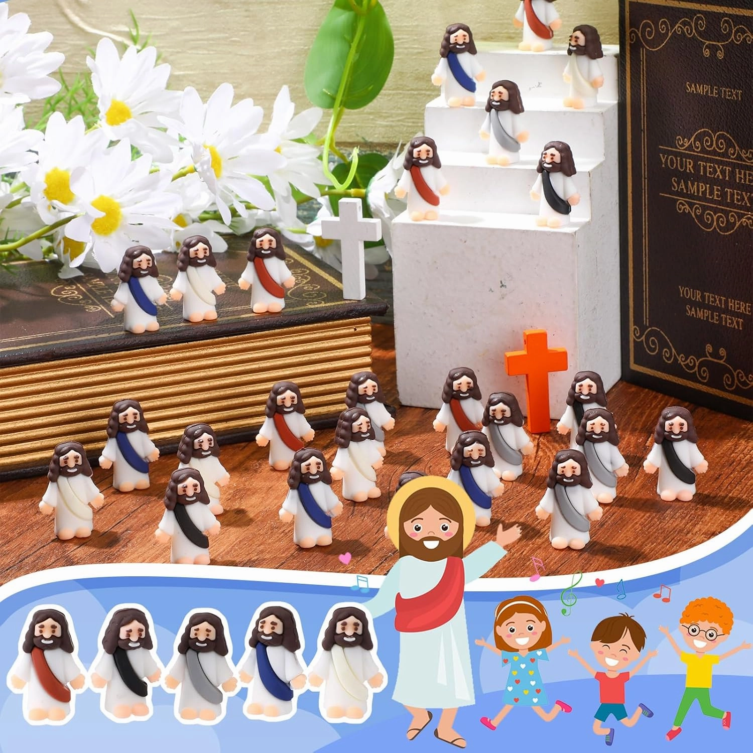 Bememo 100 Pcs Jesus Toys Original Design Mini Rubber Little Jesus Figurine to Hide and Seek Religious Party Favors Sunday School Craft Baptism Gifts for Easter Egg Stuffers (Dark Color)