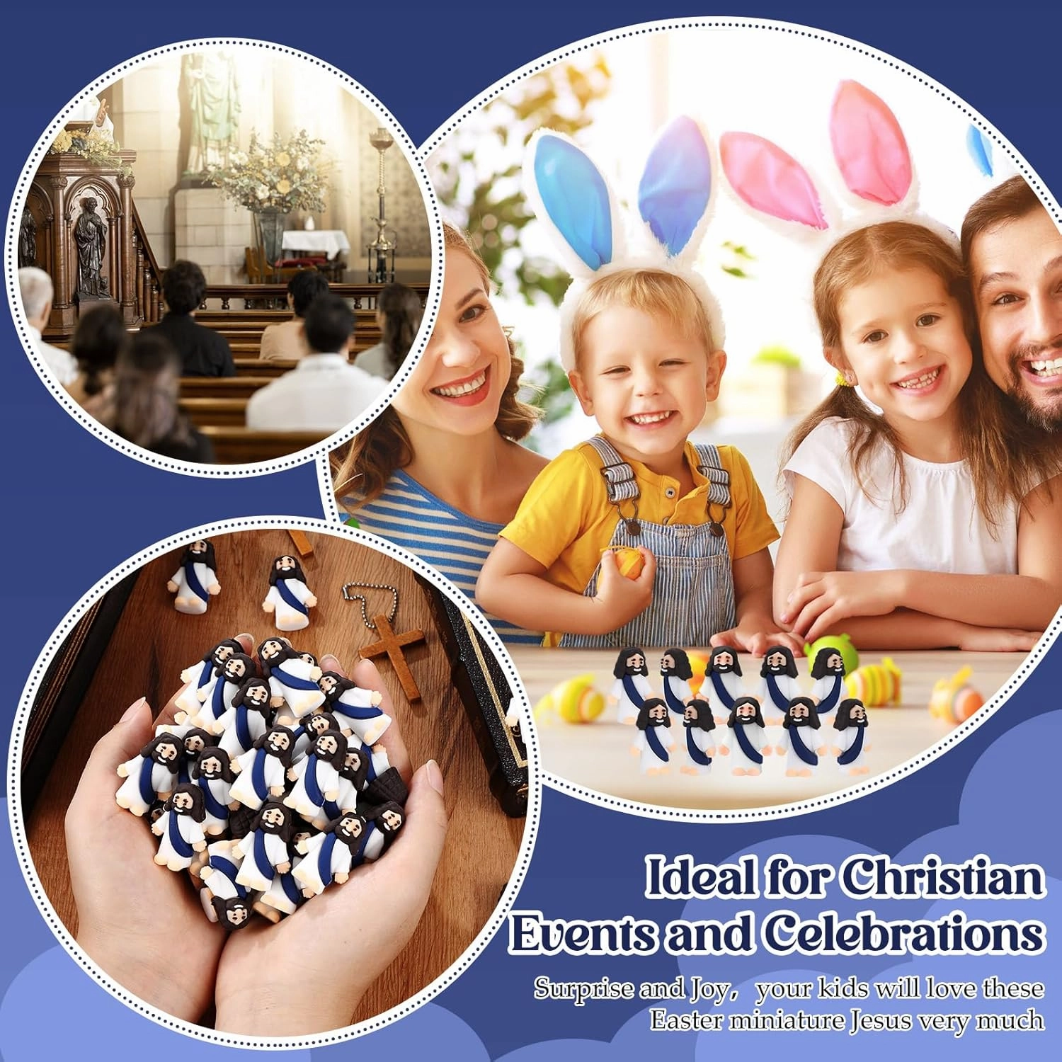Bememo 100 Pcs Jesus Toys Original Design Mini Rubber Little Jesus Figurine to Hide and Seek Religious Party Favors Sunday School Craft Baptism Gifts for Easter Egg Stuffers (Navy Blue)