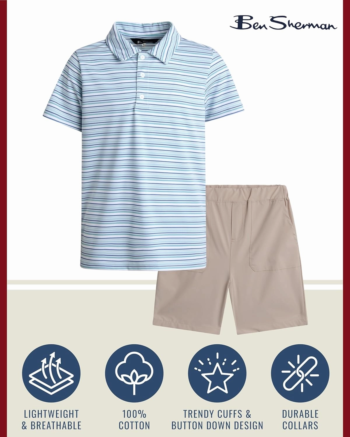 Ben Sherman Boys' Shorts Set - 2 Piece Breathable Short Sleeve Polo Shirt and Casual Shorts for Boys (Sizes: 8-14)