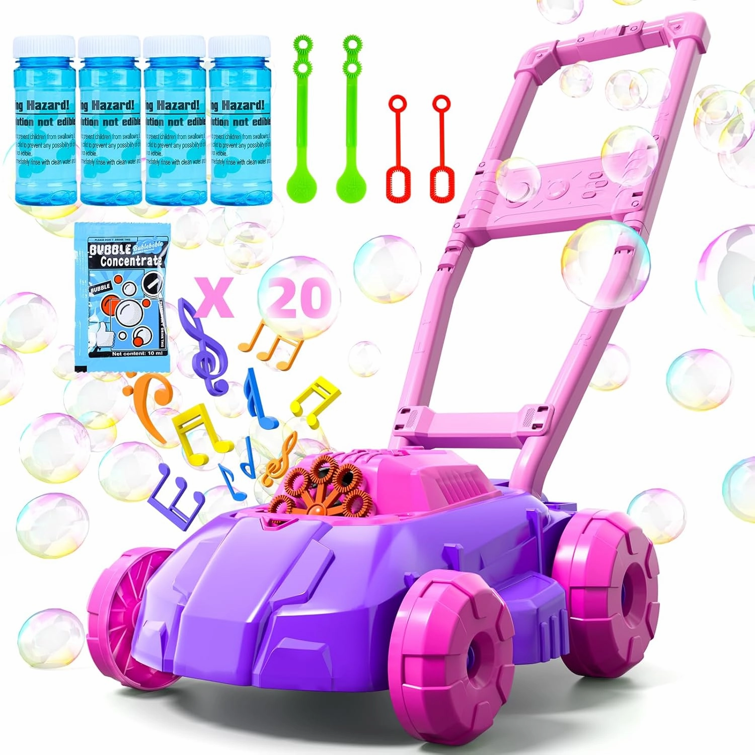 Bennol Pink and Purple Bubble Lawn Mower for Toddlers, Kids Automatic Bubble Blower Maker Machine, Outdoor Gardening Push Toys, Birthday Gifts for Preschool Baby Girls Boys