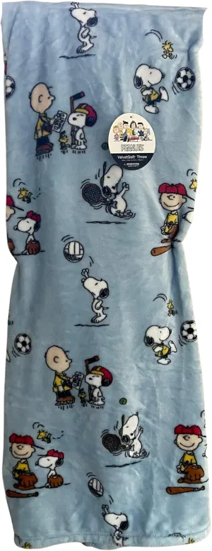 Berkshire Peanuts Snoopy Woodstock Sports Baseball, Soccer, Tennis, Football Throw Blanket 50" x 70" Variations (Light Blue All Sports)