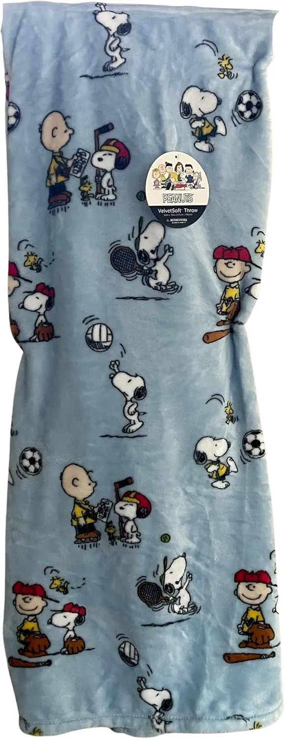 Berkshire Peanuts Snoopy Woodstock Sports Baseball, Soccer, Tennis, Football Throw Blanket 50" x 70" Variations (Light Blue All Sports)