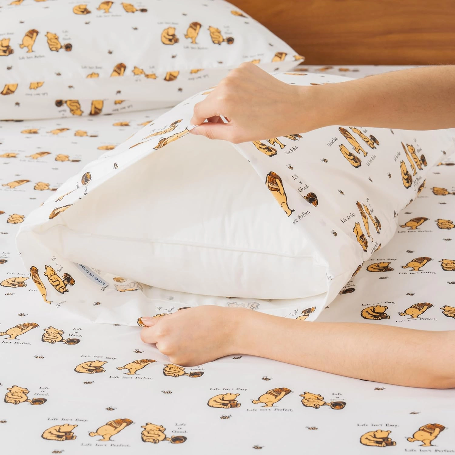 Berkshire Blanket Life is Good® Microfiber Sheets, Queen Size - 4 Pieces, Life is Good® Mini Winnie and Hunny Toss White, Cute Character Snoopy Printed Soft Microfiber Bed Sheets