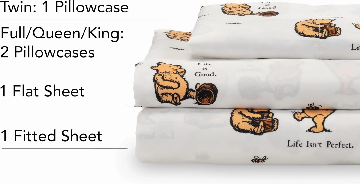 Berkshire Blanket Life is Good® Microfiber Sheets, Queen Size - 4 Pieces, Life is Good® Mini Winnie and Hunny Toss White, Cute Character Snoopy Printed Soft Microfiber Bed Sheets