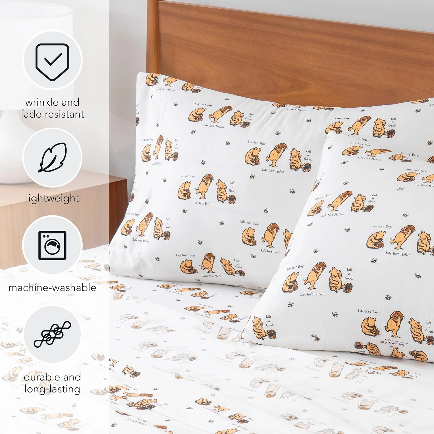 Berkshire Blanket Life is Good® Microfiber Sheets, Queen Size - 4 Pieces, Life is Good® Mini Winnie and Hunny Toss White, Cute Character Snoopy Printed Soft Microfiber Bed Sheets