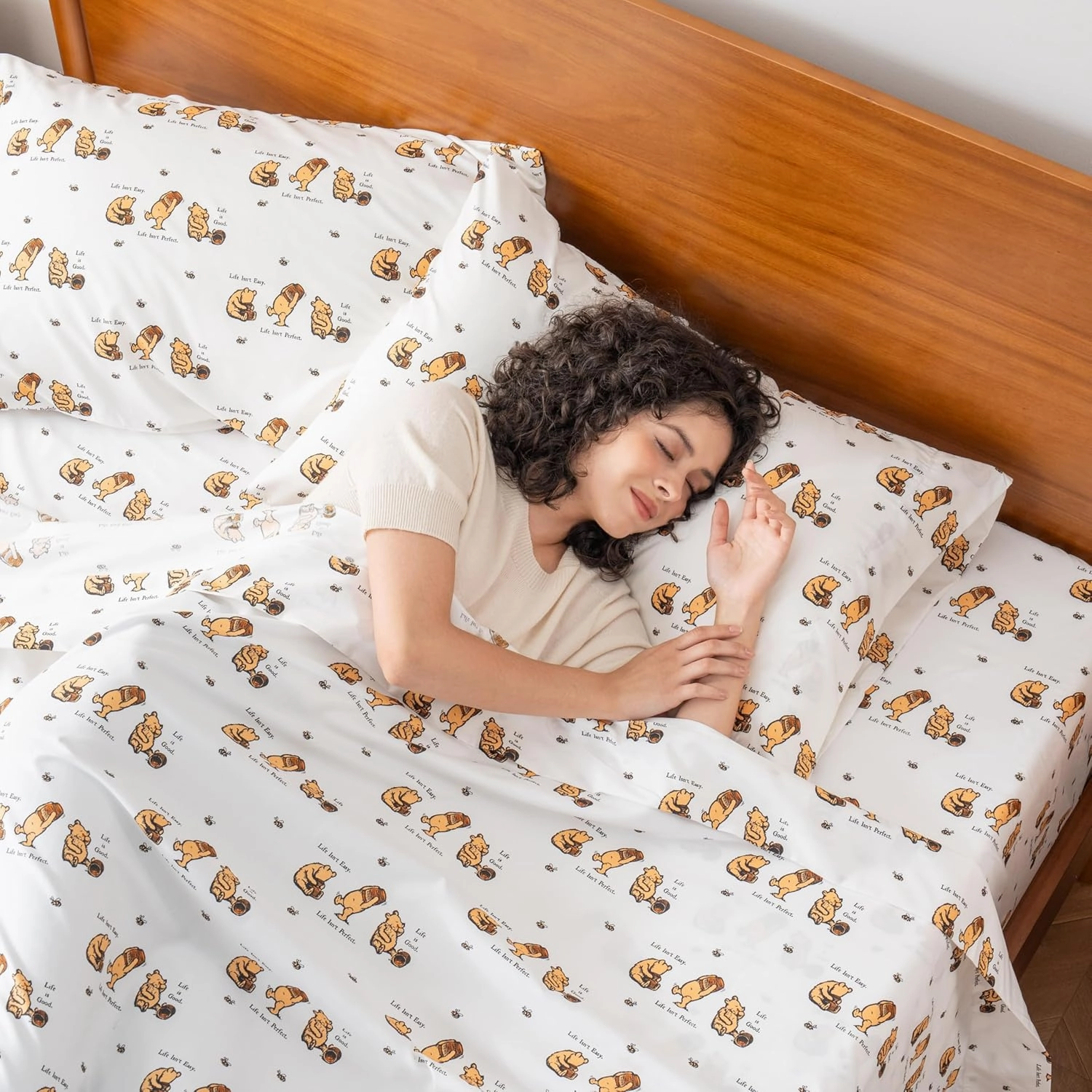 Berkshire Blanket Life is Good® Microfiber Sheets, Queen Size - 4 Pieces, Life is Good® Mini Winnie and Hunny Toss White, Cute Character Snoopy Printed Soft Microfiber Bed Sheets