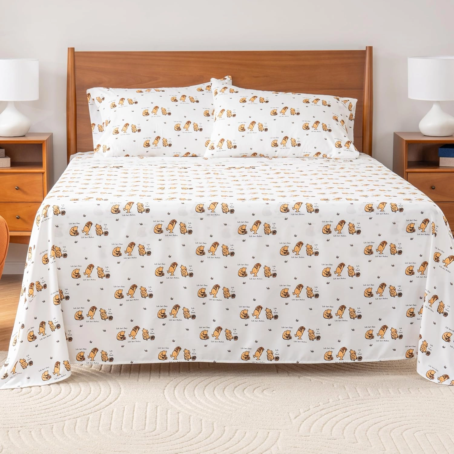 Berkshire Blanket Life is Good® Microfiber Sheets, Queen Size - 4 Pieces, Life is Good® Mini Winnie and Hunny Toss White, Cute Character Snoopy Printed Soft Microfiber Bed Sheets