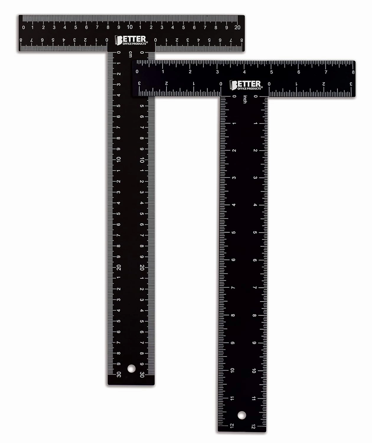 Better Office Products T Square (2 Pack) T Ruler, 12 inch Metal Carbon Steel Ruler, Double Sided Standard & Metric Laser Printed, Drafting Ruler, Architect Ruler, Set Square Companion Ruler, Black