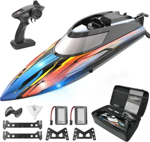 BEZGAR RC Boat, 14 inch Remote Control Boat - Self-righting, 40 Min Dual-Battery, 32 KPH Fast RC Boats for Kids & Adults with LED Lights for Pool, Lake, Ocean, Waterproof & Suitcase