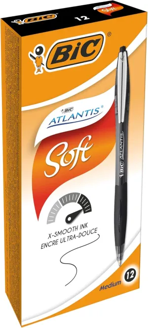 Bic Atlantis Classic Retractable Ball Pens - Box of 12- Black Colour- Medium Point (1.0 mm) - Soft Rubber Grip