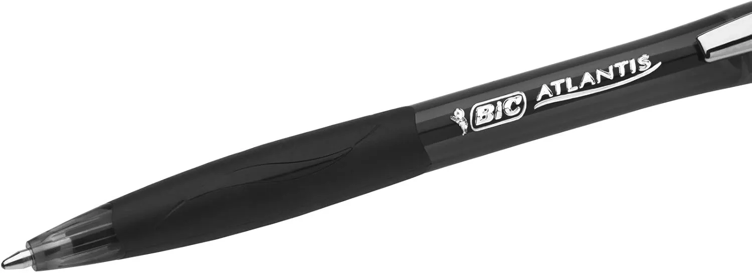 Bic Atlantis Classic Retractable Ball Pens - Box of 12- Black Colour- Medium Point (1.0 mm) - Soft Rubber Grip