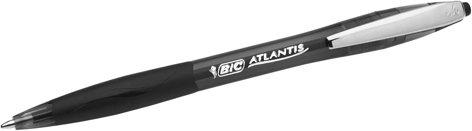 Bic Atlantis Classic Retractable Ball Pens - Box of 12- Black Colour- Medium Point (1.0 mm) - Soft Rubber Grip