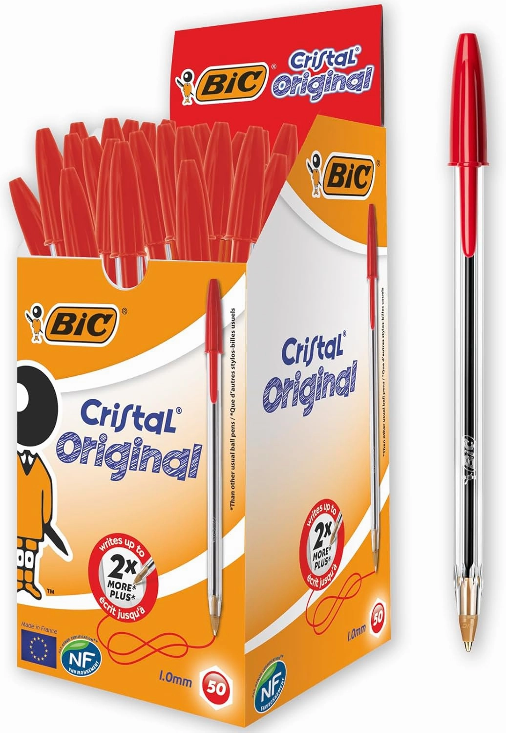 BIC Cristal Original Ballpoint Pens, Medium Point (1.0mm), Every-Day Writing Pens With Clear Barrel, Red, Box Of 50