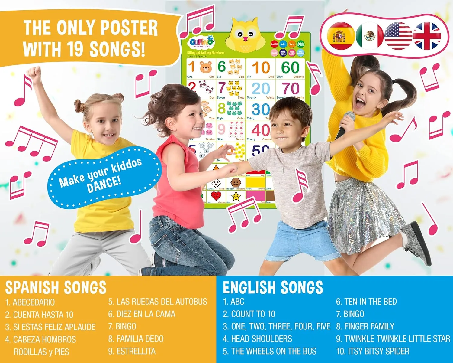 Bilingual Learning Toys - Spanish Toys for Toddlers 1-3, Interactive Number Toys, Numbers for Toddlers - Educational Talking Wall Chart for Kids