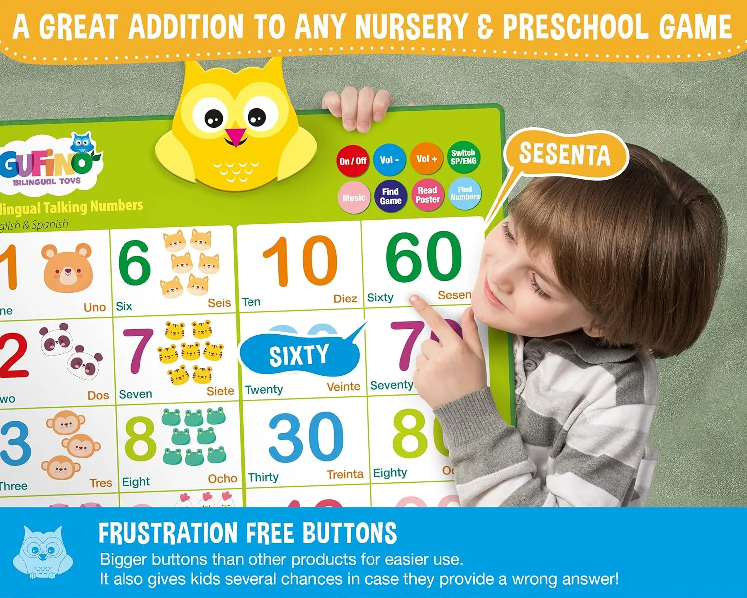 Bilingual Learning Toys - Spanish Toys for Toddlers 1-3, Interactive Number Toys, Numbers for Toddlers - Educational Talking Wall Chart for Kids