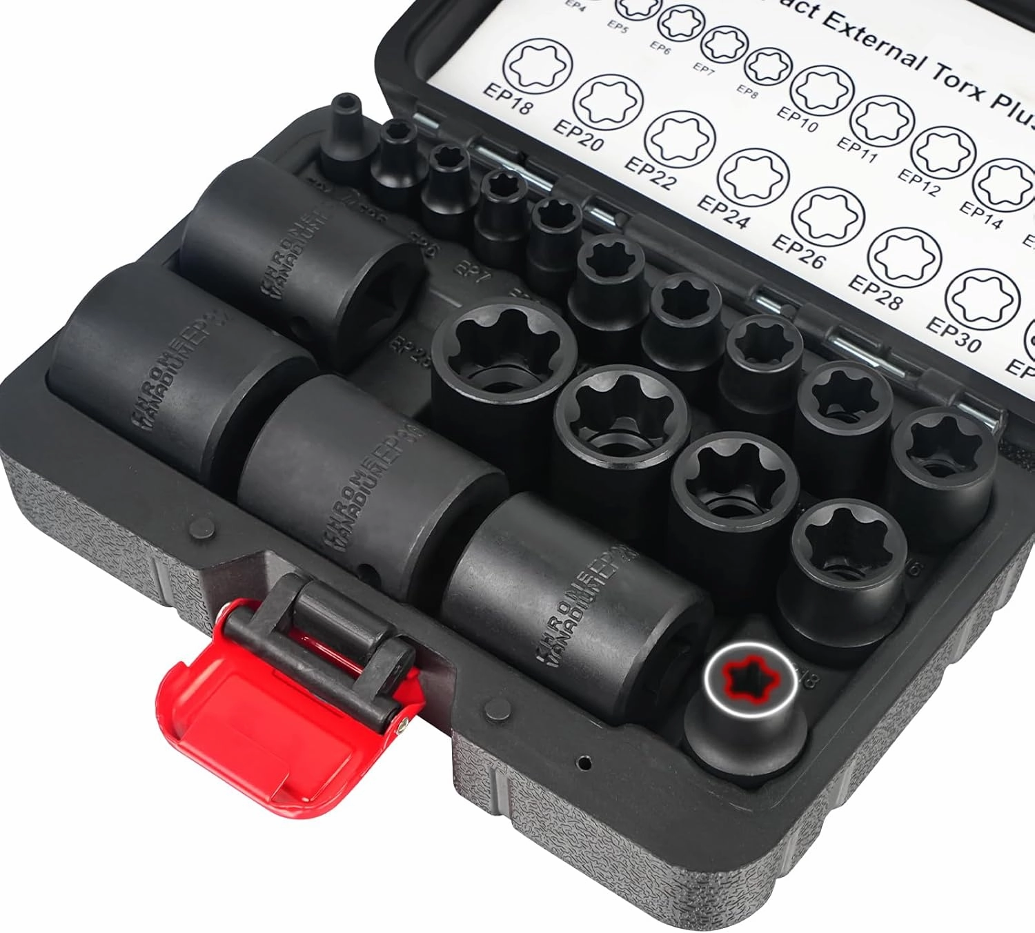 BILITOOLS External Torx Plus Socket Set, 6 Point EP Socket EP4-EP8, EP10-12, EP14, EP16, EP18, EP20, EP22, EP24, EP26, EP28, EP30, EP32 with 1/2'' 3/8'' 1/4'' Dr, 19PCS External Star Socket for Cars