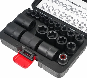 BILITOOLS External Torx Plus Socket Set, 6 Point EP Socket EP4-EP8, EP10-12, EP14, EP16, EP18, EP20, EP22, EP24, EP26, EP28, EP30, EP32 with 1/2'' 3/8'' 1/4'' Dr, 19PCS External Star Socket for Cars