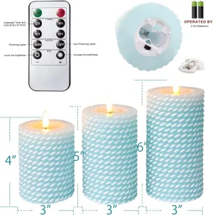 Blue Flameless Candles, Rope Texture 3D Wick, Flickering Pillar Candles with Remote & Timer, 3 Pack