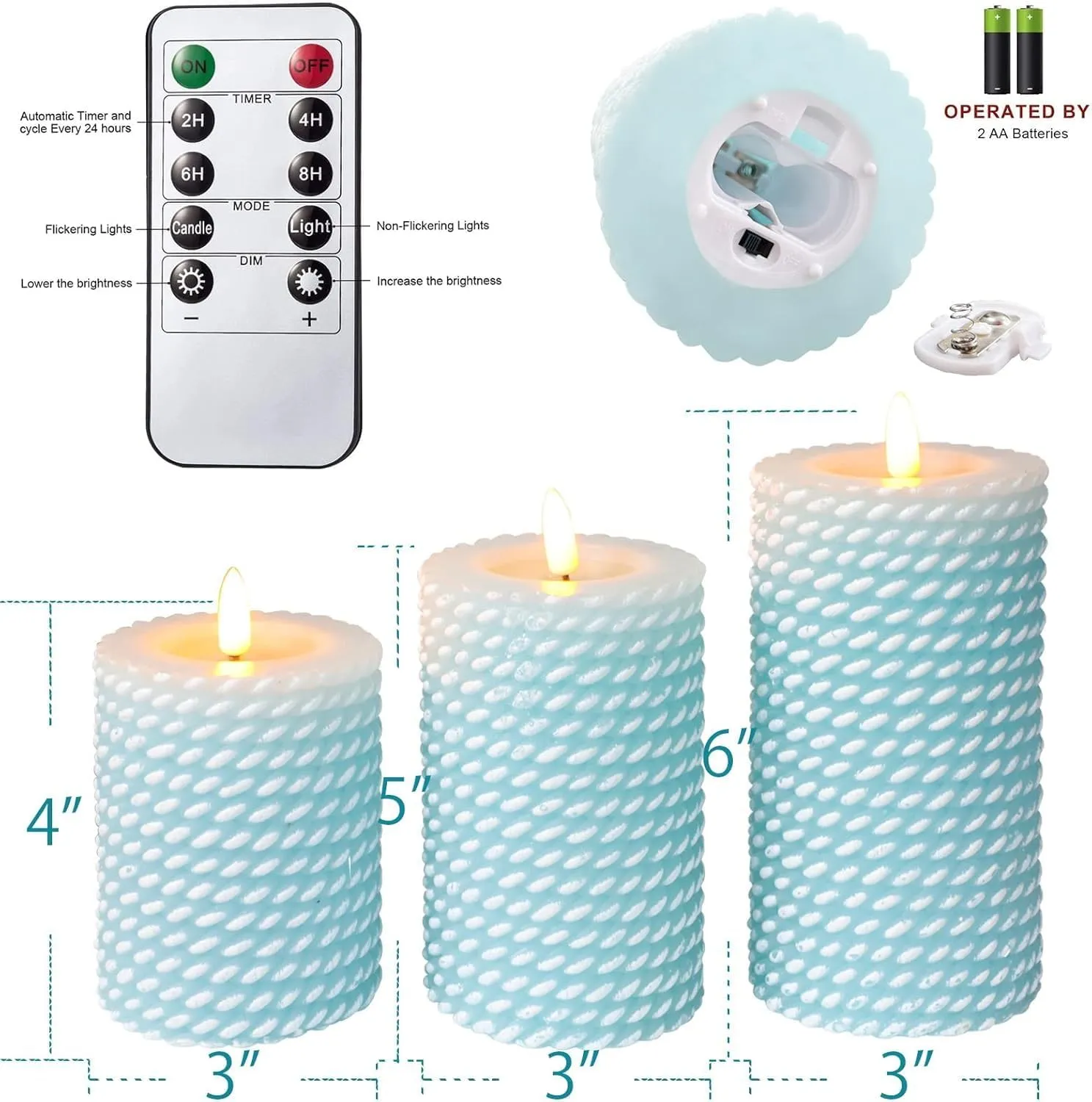 Blue Flameless Candles, Rope Texture 3D Wick, Flickering Pillar Candles with Remote & Timer, 3 Pack