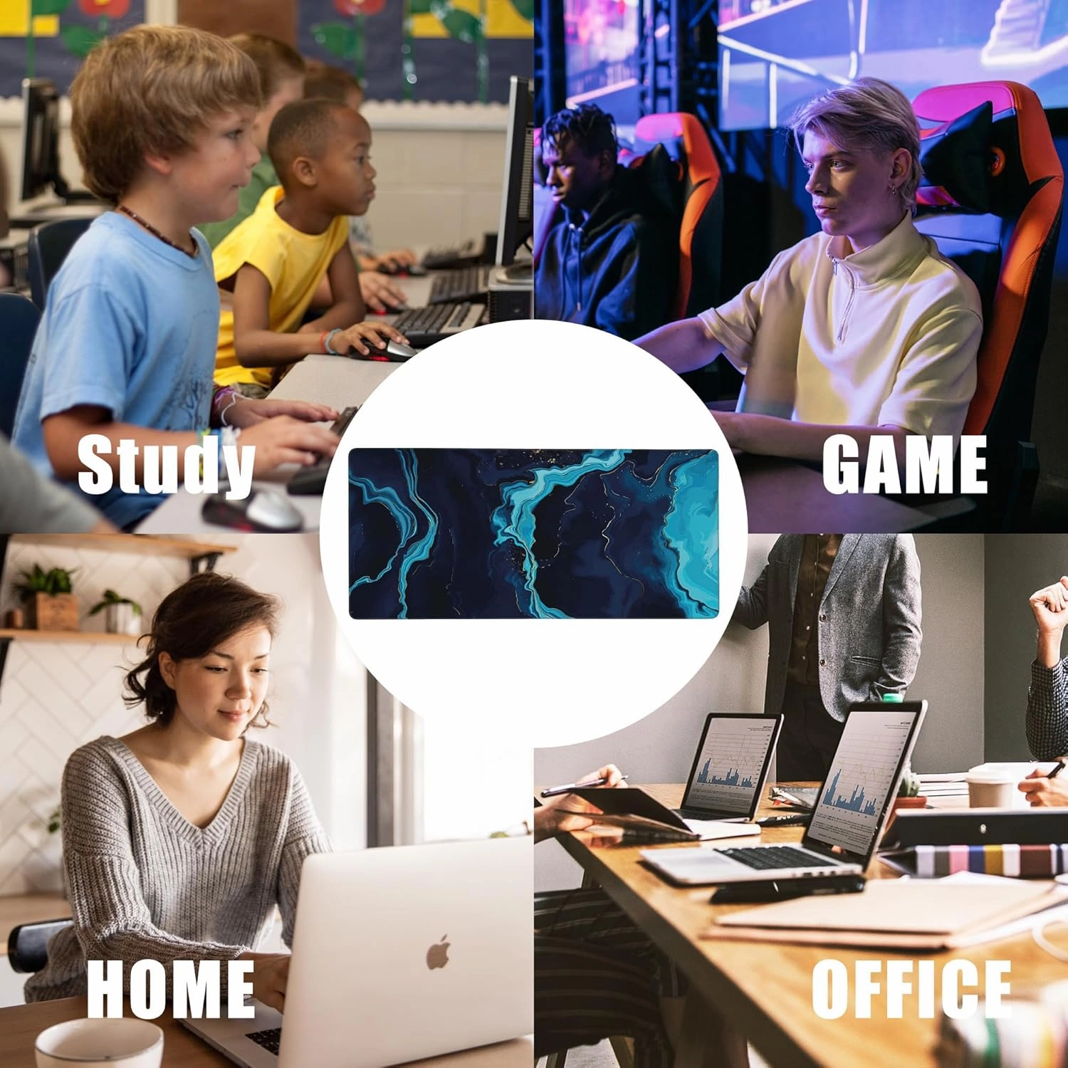 Blue Marble Desk Mat,Large Gaming Mouse Pad,Non-Slip Rubber Base Desk Pad with Stitched Edges for Desk Office Home Decor 35.4X15.7 Inch