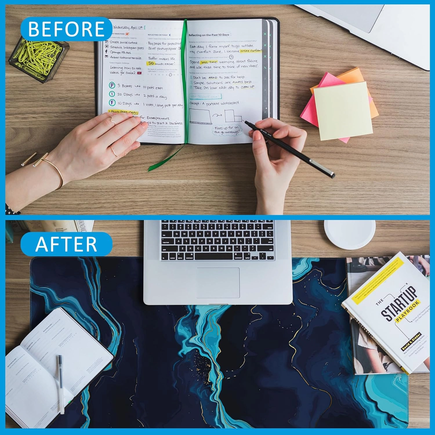 Blue Marble Desk Mat,Large Gaming Mouse Pad,Non-Slip Rubber Base Desk Pad with Stitched Edges for Desk Office Home Decor 35.4X15.7 Inch